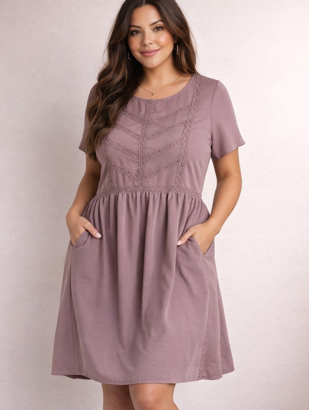Mikarose Mauve Lace Detail Dress XXL/16 Modest Boho Flowy w/ Pockets